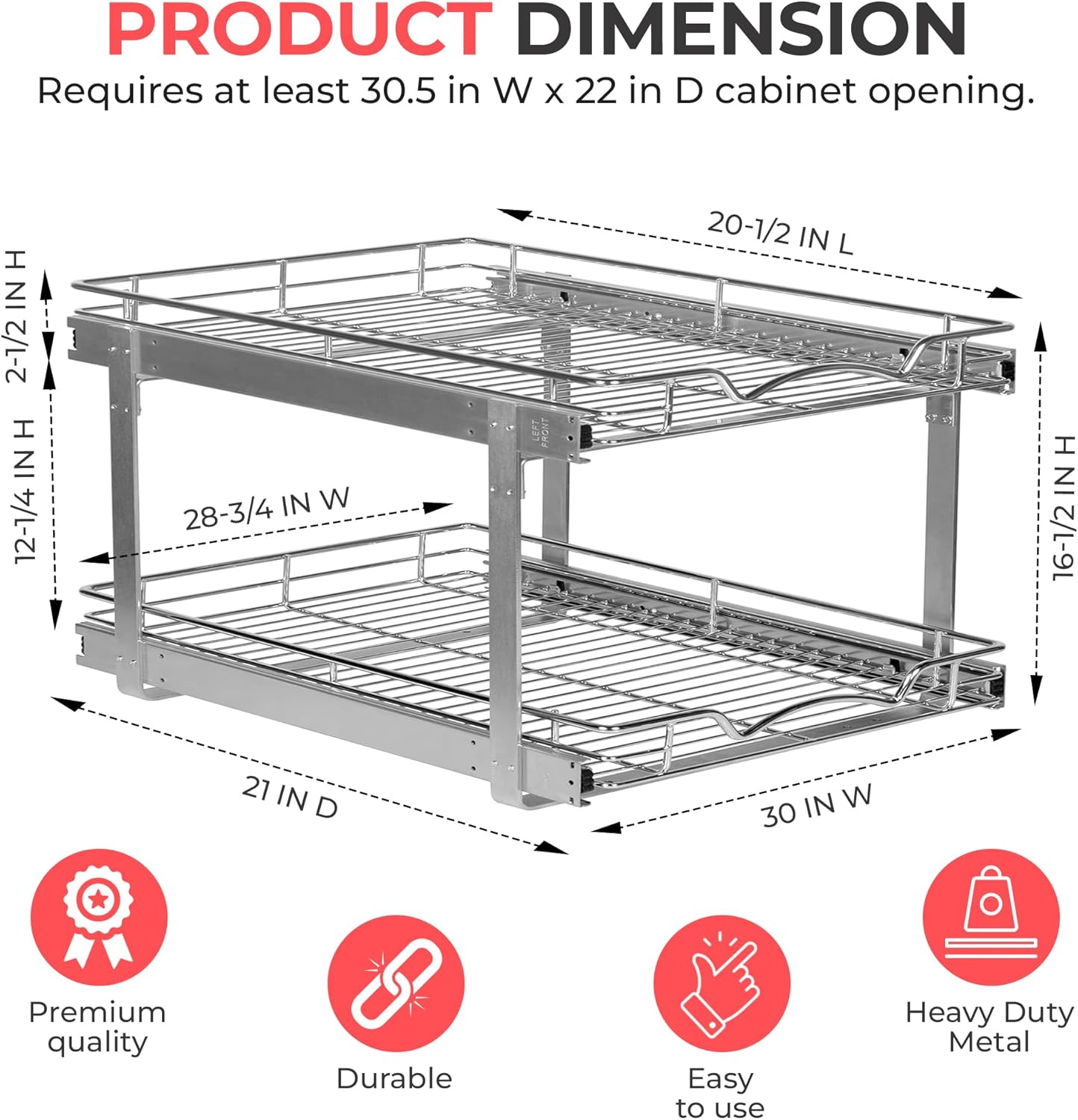 HOLDN’ STORAGE Two Tier Pull Out Cabinet Organizer, Individual Sliding Drawers - Heavy Duty Metal with Lifetime Limited Warranty - Anti Rust Chrome Finish - 30" W x 21”D x 16.5" H