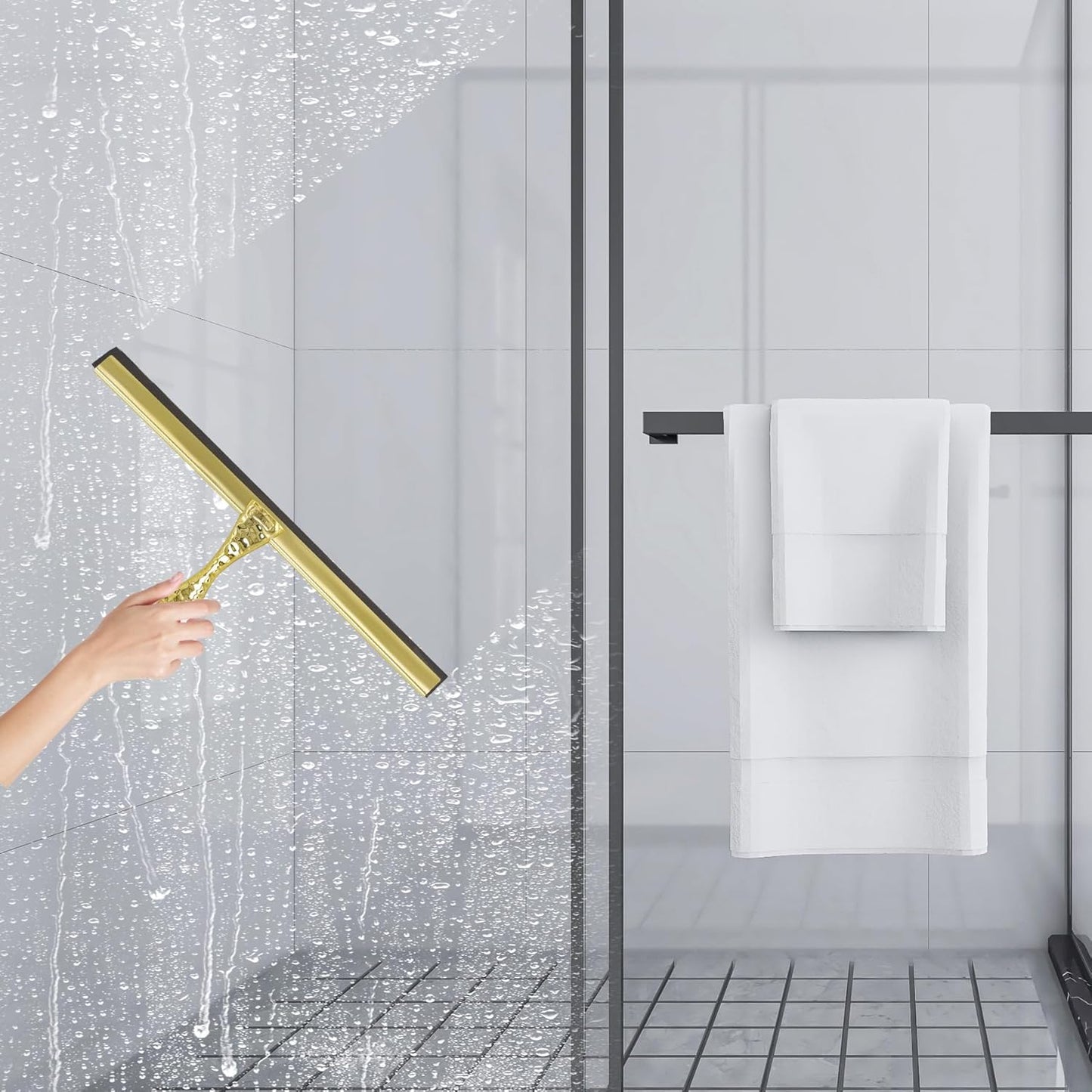 All-Purpose Silicone Shower Squeegee for Shower Glass Door,with 1 Hooks,for Bathroom Glass, Car, Tile Wall, Mirror Cleaning - Flower Shaped Handle for Easy-Grip 10 Inch Golden