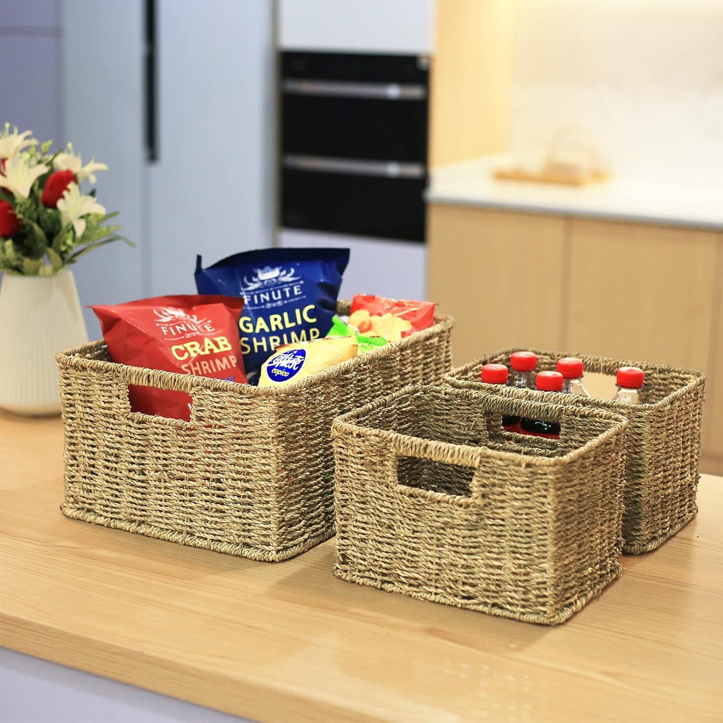 HOONEX Large Wicker Baskets for Storage, Seagrass Baskets with Dual Handles, Woven Baskets for Storage, Set of 3, Natural