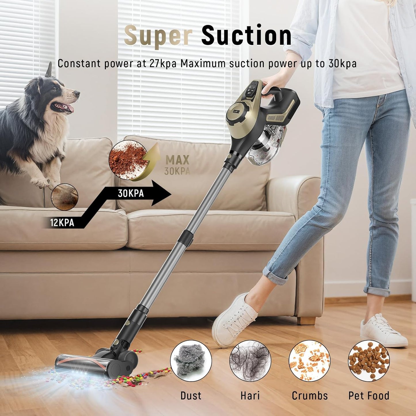 Cordless Vacuum Cleaner, 30Kpa Home Stick Vacuum, Smart Display & 1.5L Dust Cup, 55mins Max Runtime, Rechargeable Lightweight Handheld Vavuum for Pet Hair/Carpet/Hardwood Floor/Car (Golden)