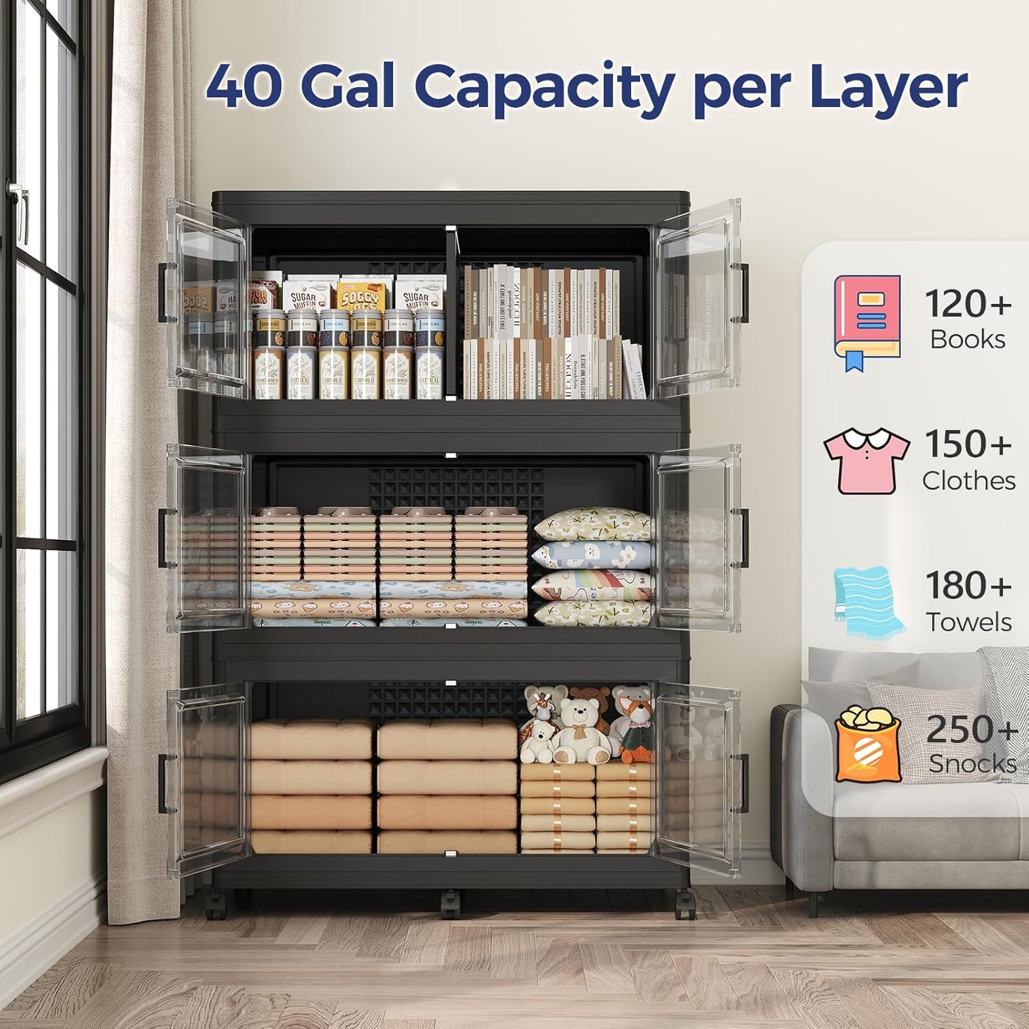 200GAL Storage Bins with Lid and Wheels, Stackable Closet Organizers and Storage Drawer, Collapsible Storage Box with Dividers, Foldable Plastic Cabinets Cubes Totes for Garage, 5 Pack Black