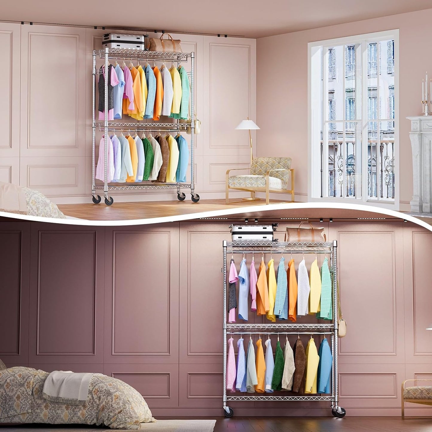 IZEUK 3-Tier Heavy Duty Rolling Garment Rack, Chrome Metal Freestanding Closet Wardrobe Rack with Double Rods and Side Hooks, 15.7" D x 45.3" W x 79.6" H