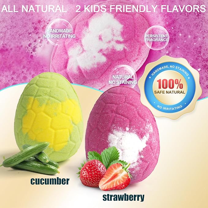 Bath Bombs for Kids with Toys Inside - 2 Organic Kids Bath Bombs with Surprise Inside, Dinosaur Bath Bombs for Kids 3-9 Years, Bath Bombs Gifts Easter Baskets Stuffers for Kids Boys Girls