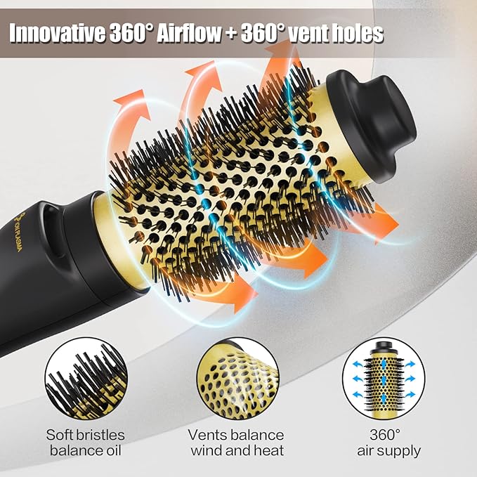 Dan Technology Blow Dryer Brush 1.5 Inch Round Blowout Brush 4-in-1 Hot Air Hair Dryer Brush & Styler, Comb, Straightener & Curler with Titanium & Ionic (Black-Gold)