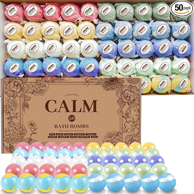 TranquilBliss Bath Bombs Set 50 PCS with 10 Rich Scents, Bath Bombs for Women, Natural Bubble Bombs with Shea Butter & Safe Oil, Ideal for Christmas, Birthday, Mother's Day Present (Brown)