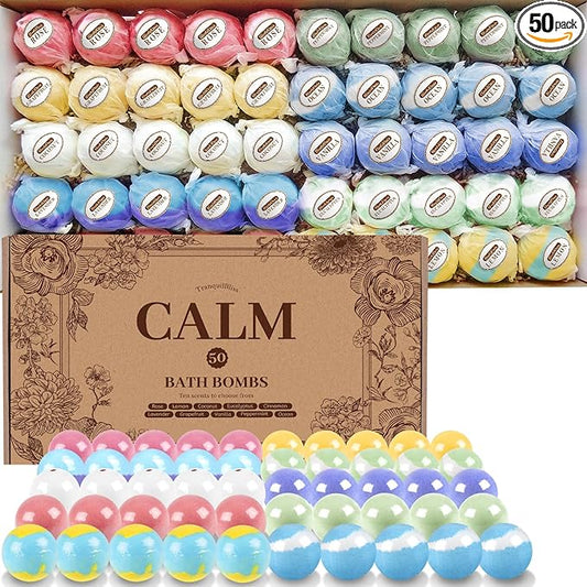 TranquilBliss Bath Bombs Set 50 PCS with 10 Rich Scents, Bath Bombs for Women, Natural Bubble Bombs with Shea Butter & Safe Oil, Ideal for Christmas, Birthday, Mother's Day Present (Brown)
