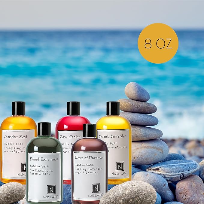Assorted Bubble Bath Collection (Set of 5) by Nabila K - Forest Experience, Sunshine Zest, Rose Garden, Sweet Surrender, Heart of Provence - Essential Oils with Natural Ingredients - 8 oz