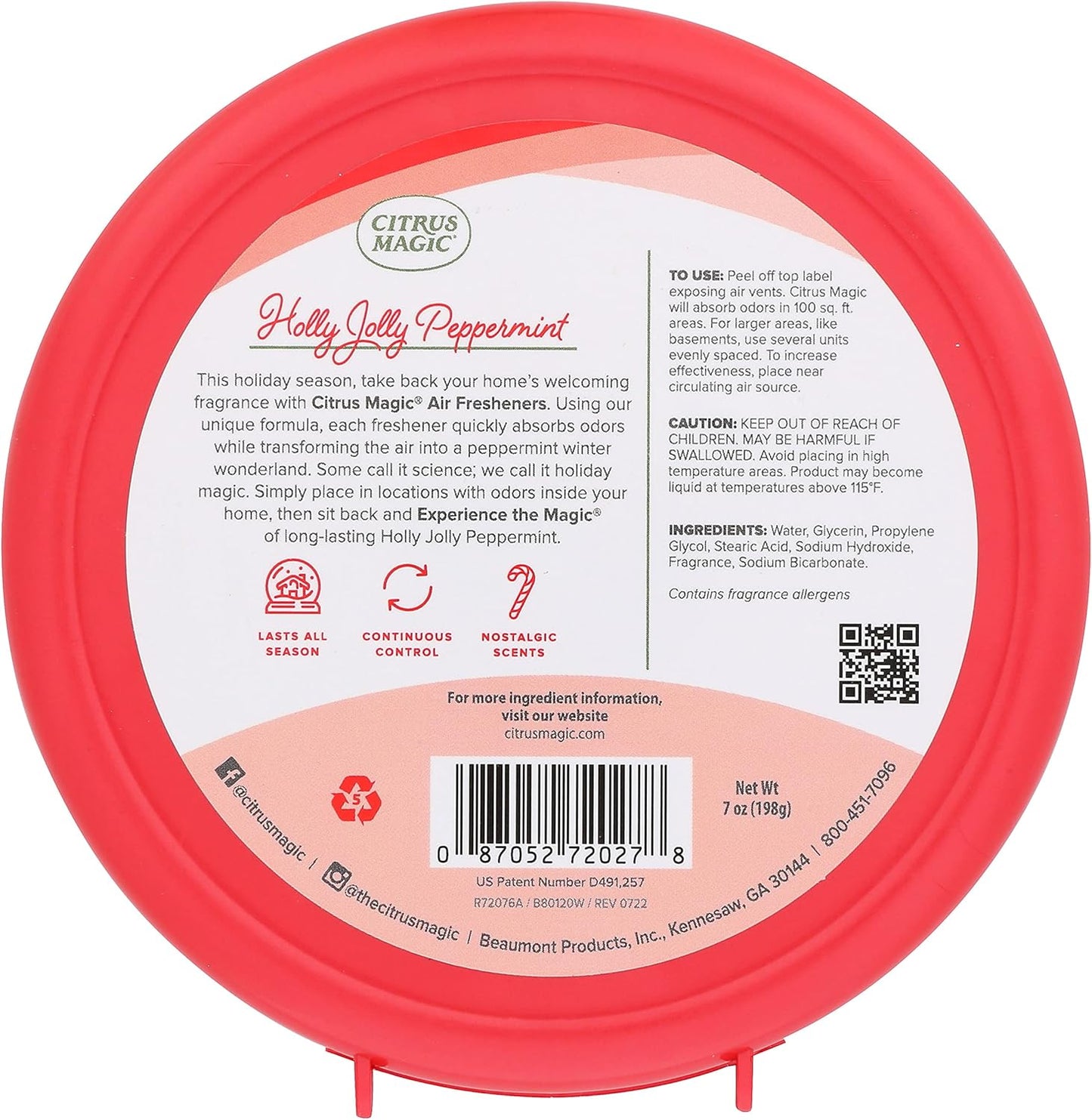 Citrus Magic Holiday Odor Absorbing Solid Air Freshener, Holly Jolly Peppermint, 7-Ounce