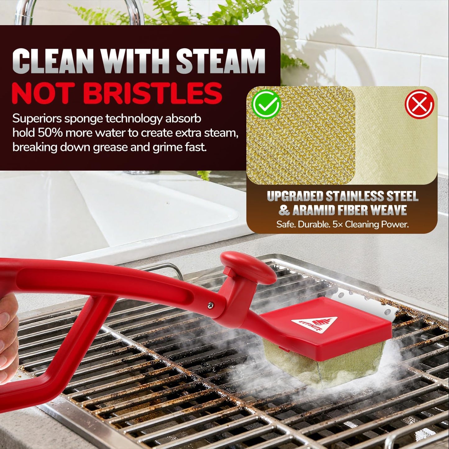 Grill Brush Cleaner for Outdoor, EEFINITE BBQ Steam Cleaning Grill Brushes with Replacement Scrub Sponge + Superior Scraper, Safe Bristles Free Barbecue Scrubbers Brush for Gas Charcoal Grates, Red