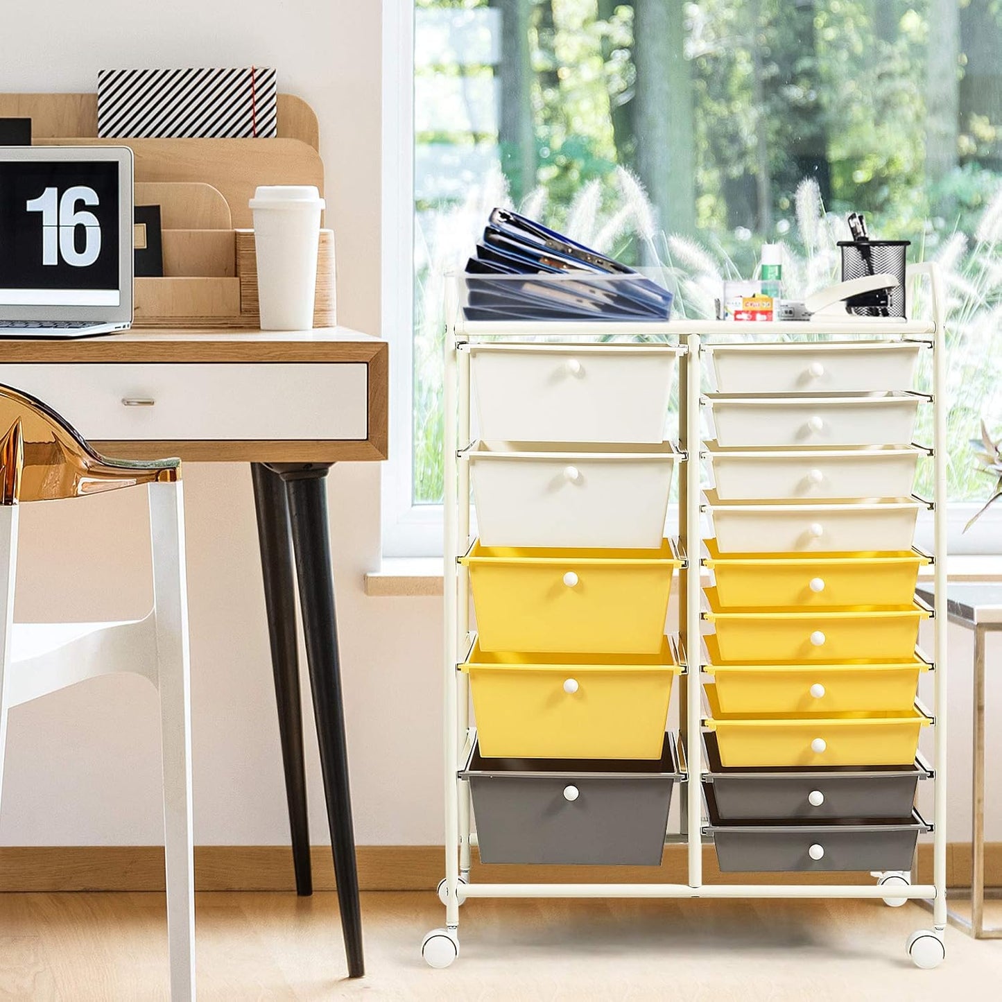 GOFLAME 15-Drawer Rolling Storage Cart, Multipurpose Movable Organizer, Utility Cart for Home, Office, School, Yellow