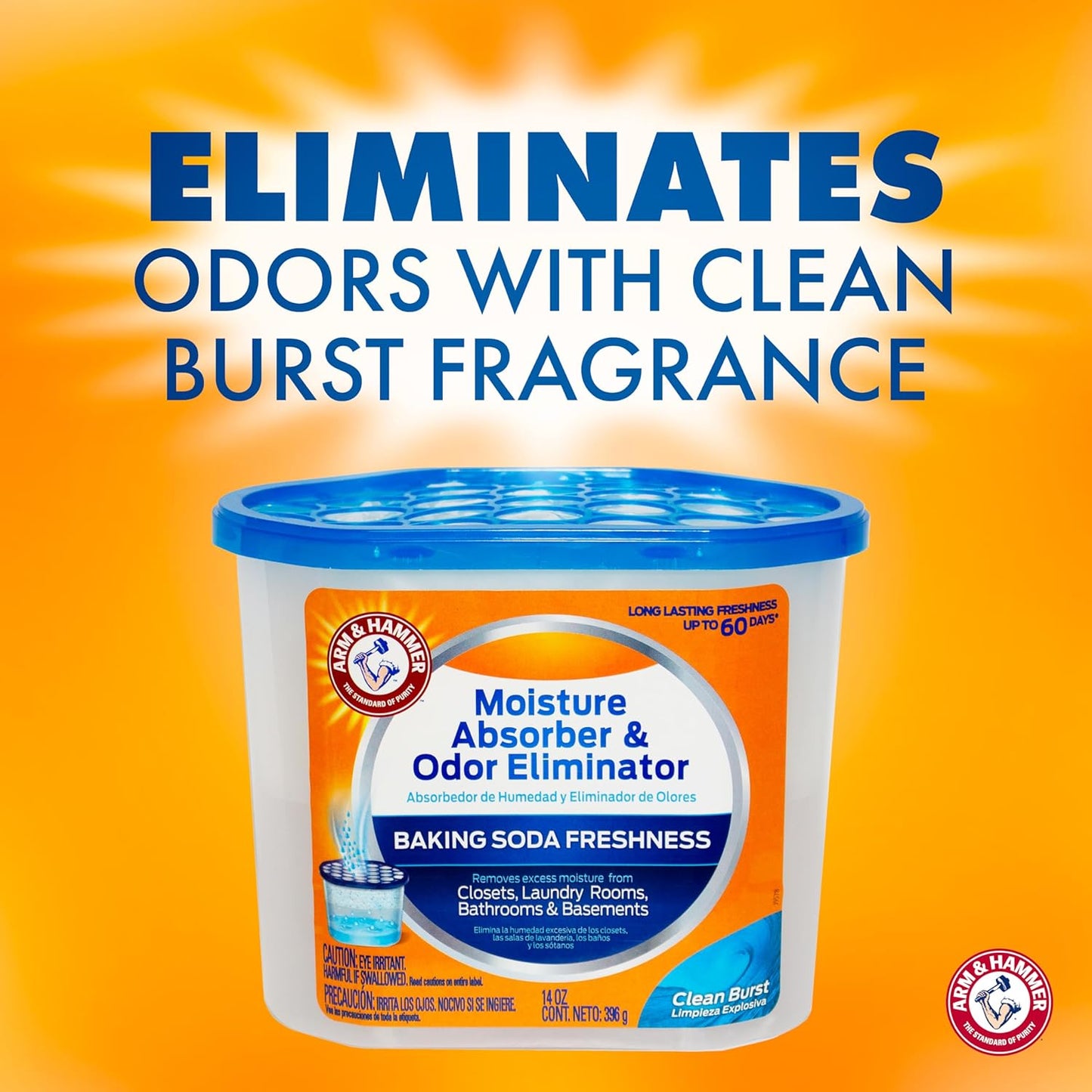 Arm & Hammer Clean Burst Moisture Absorber and Odor Eliminator Tubs, 14 oz, 3 Pack, Attract and Trap Excess Moisture, Eliminate Musty Odors, Convenient and Effective, White