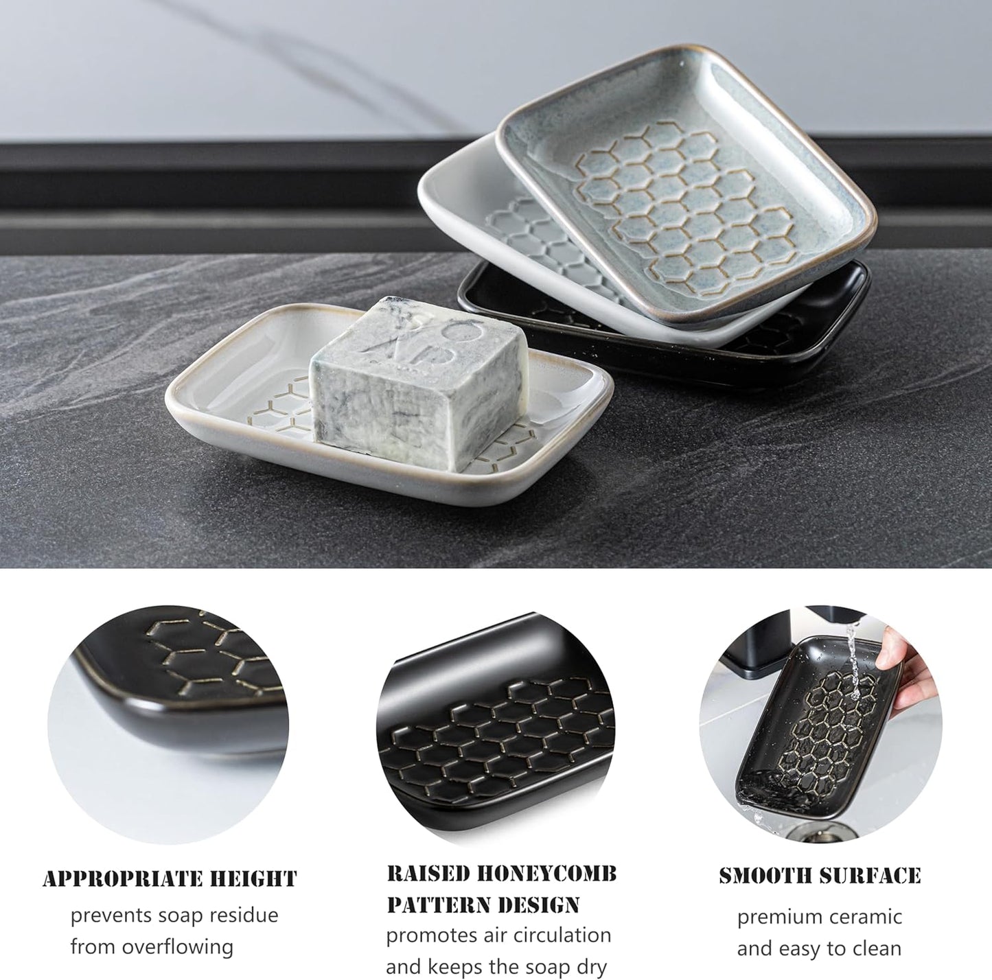 Gomakren Soap Dish for Shower, Bar Soap Holder, Ceramic Soap Dishes for Bar Soap, Halloween Sponge Holder Soap Saver Soap Tray for Bathroom Kitchen Sink, 5.5 Inch, Black