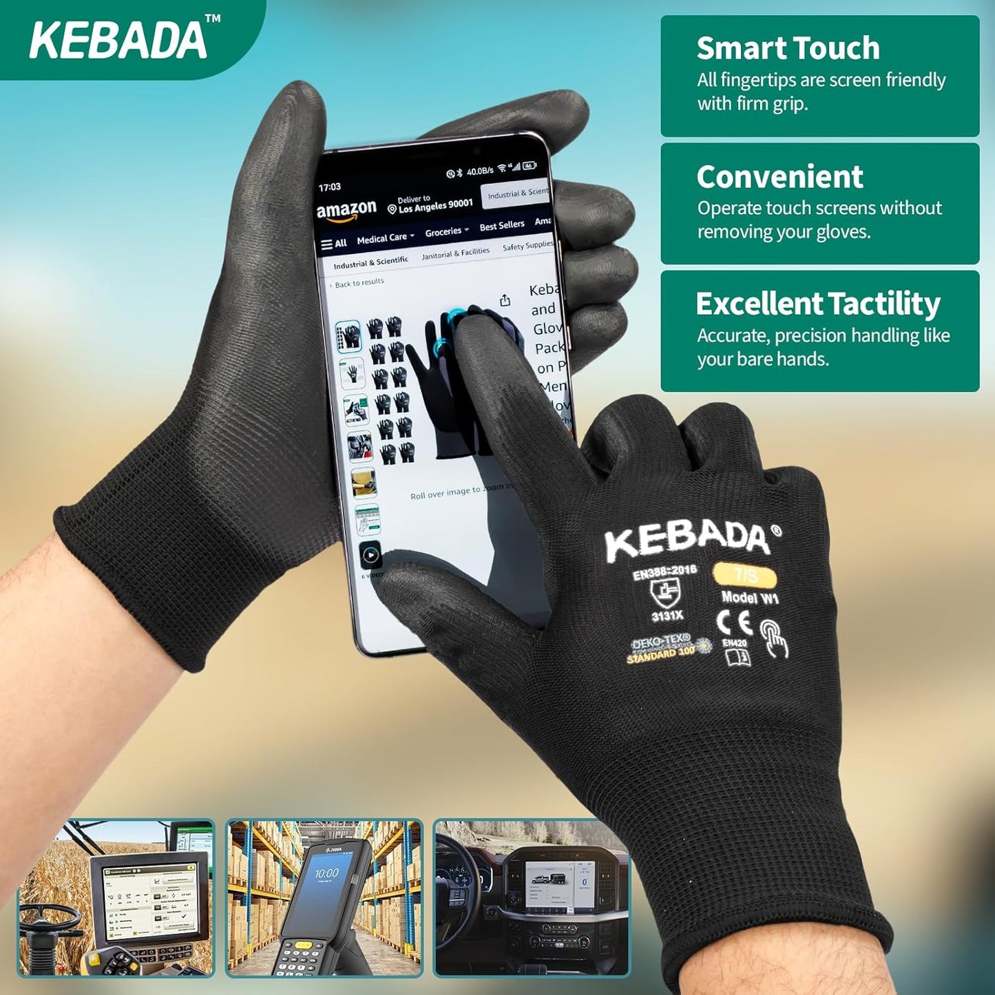 Kebada W1 Work Gloves for Men and Women, PU Coated Safety Gloves with Grip, Touchscreen, Ideal for Warehouse Package Handling, Construction, Gardening, Black Small