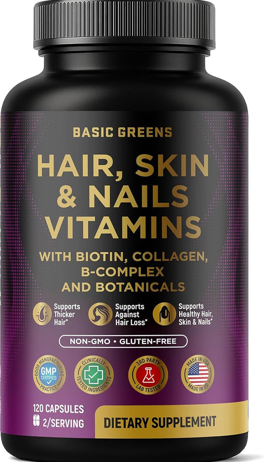Hair, Skin & Nails Vitamins with Biotin 10000 mcg, Collagen, B-Complex & Botanicals – Supports Healthy Hair, Glowing Skin & Strong Nails – Non-GMO, Gluten-Free – Made in USA – 120 Capsules