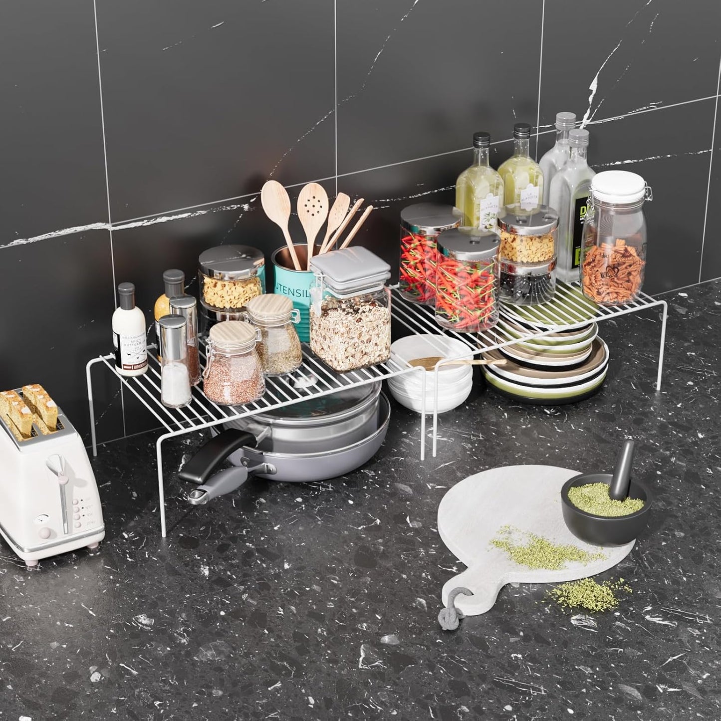 Medium(13 x 9.4 inch)White Cabinet Storage Shelf Rack Set of 2, Rustproof Metal Wire Kitchen Counter Organizers and Storage, Spice Organization for Cabinet, Plate, Dish, Pantry, Bathroom, Fridge