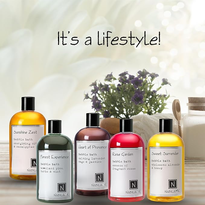 Assorted Bubble Bath Collection (Set of 5) by Nabila K - Forest Experience, Sunshine Zest, Rose Garden, Sweet Surrender, Heart of Provence - Essential Oils with Natural Ingredients - 16 oz