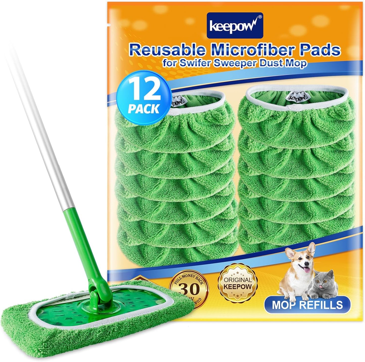 KEEPOW Reusable Wet Pads Refills Compatible with Swiffer Sweeper Mop, Dry Sweeping Cloths, Microfiber Wet Mopping Cloths for Hardwood Floor Cleaning, 12 Pack (Mop is Not Included)