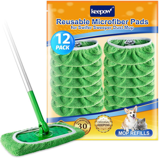 KEEPOW Reusable Wet Pads Refills Compatible with Swiffer Sweeper Mop, Dry Sweeping Cloths, Microfiber Wet Mopping Cloths for Hardwood Floor Cleaning, 12 Pack (Mop is Not Included)