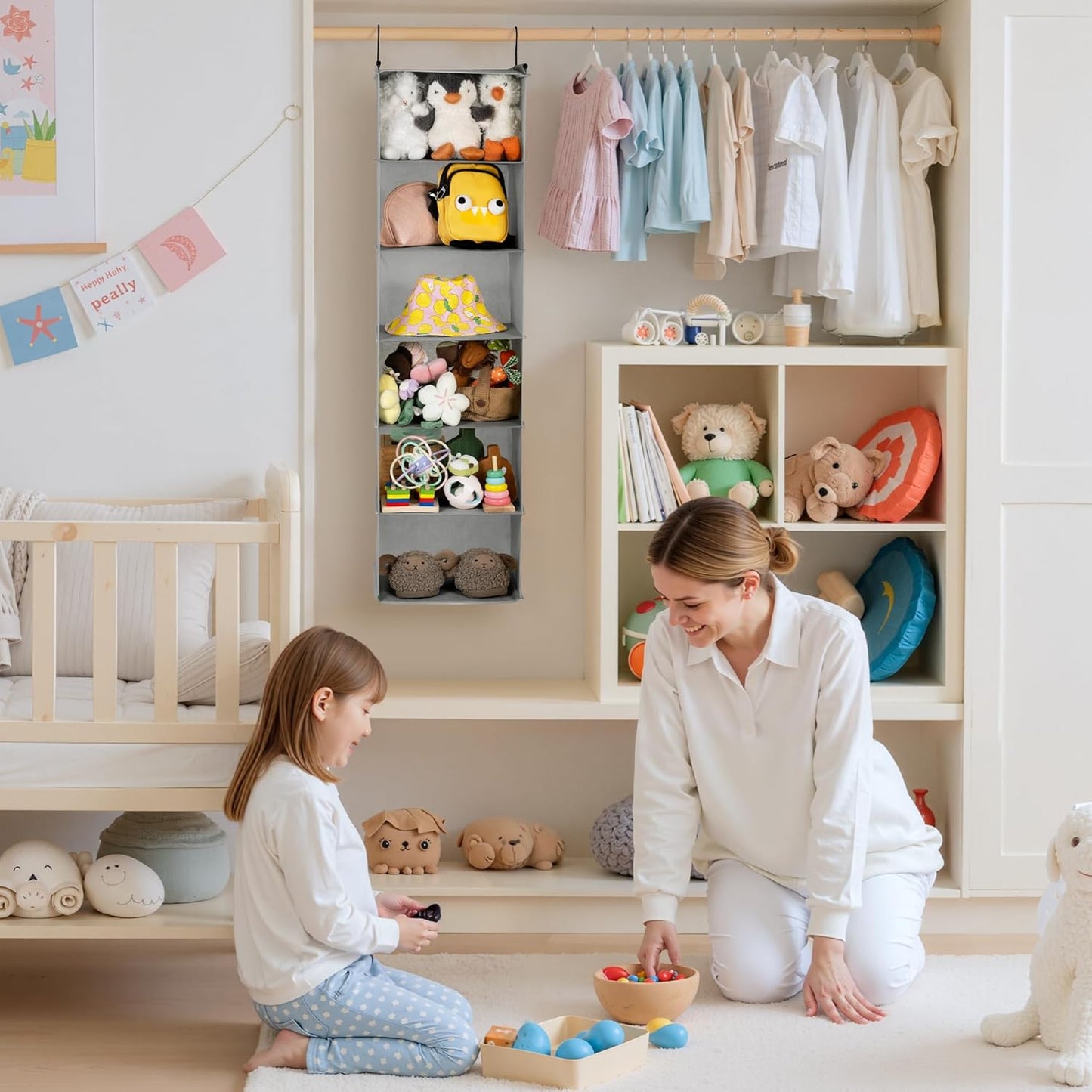 GRANNY SAYS 6 Shelf Hanging Closet Organizers and Storage, Collapsible Closet Hanging Organizer with 2 Sturdy Hooks, Large Hanging Shelves for Kids Baby Clothing Organizer, Ash Gray