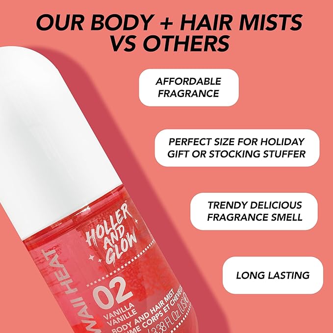 Holler & Glow Hawaii Heat Body & Hair Mist, Warm Vanilla, Peony & Amber Scent, Long-Lasting Daily Fragrance, Lightweight, Vegan, Cruelty-Free, Alcohol-Free, Hydrating Hair Perfume, 8.11 Fl Oz