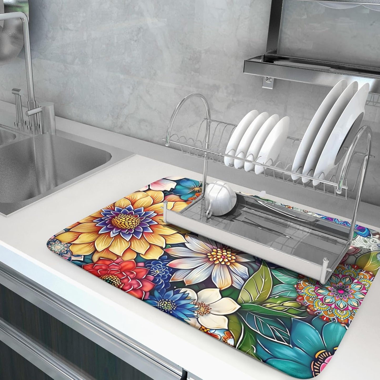 Boho Floral Dish Drying Mat for Kitchen Counter 18x24 Inch Super Absorbent Microfiber Kitchen Drying Mat Bohemian Flower Dish Drainer Rack Mat Reusable Washable Dish Drying Pad for Kitchen Coffee Bar