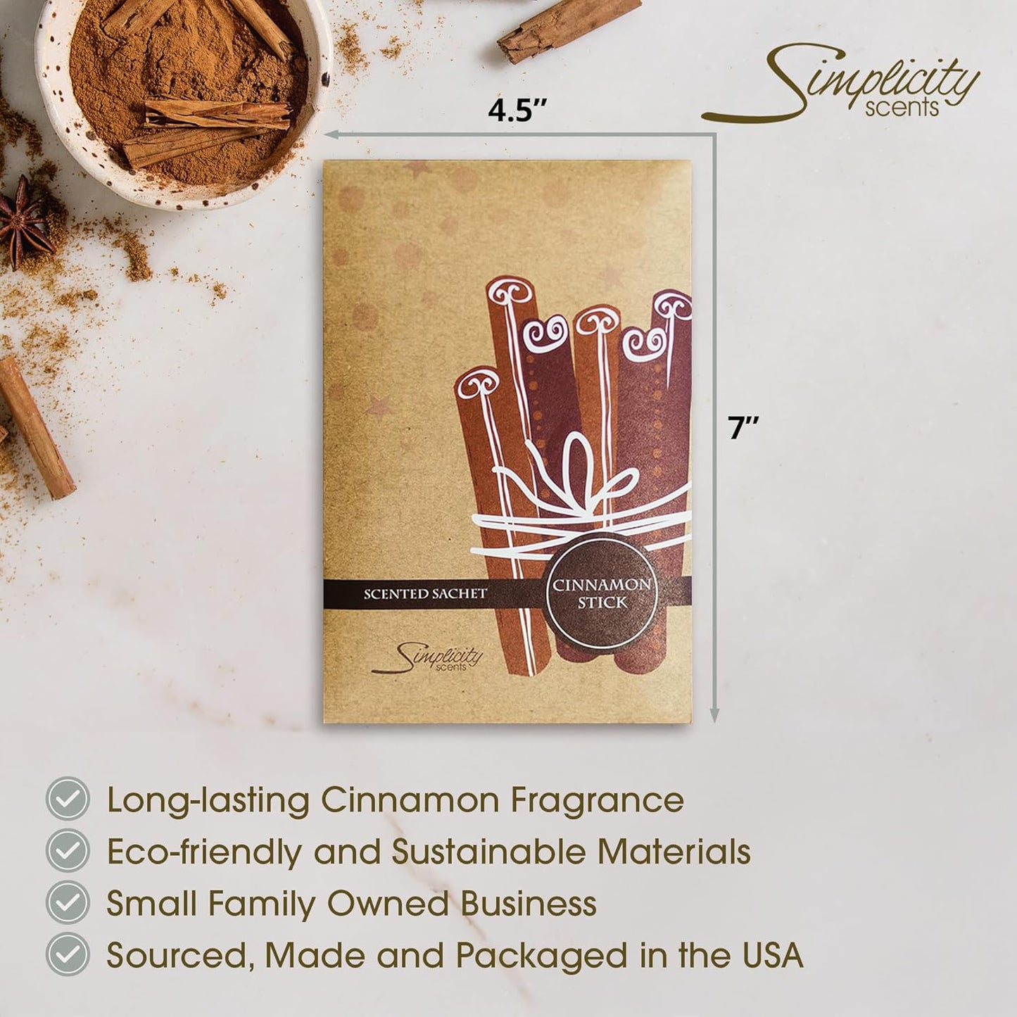 Simplicity Scents Cinnamon Stick Scented Sachets Pack of 6, Fall & Winter - Long-Lasting Scented Bags, Home Fragrance, Air Freshener & Deodorizer for Closet, Room, Drawer, or Cars, Made in The USA