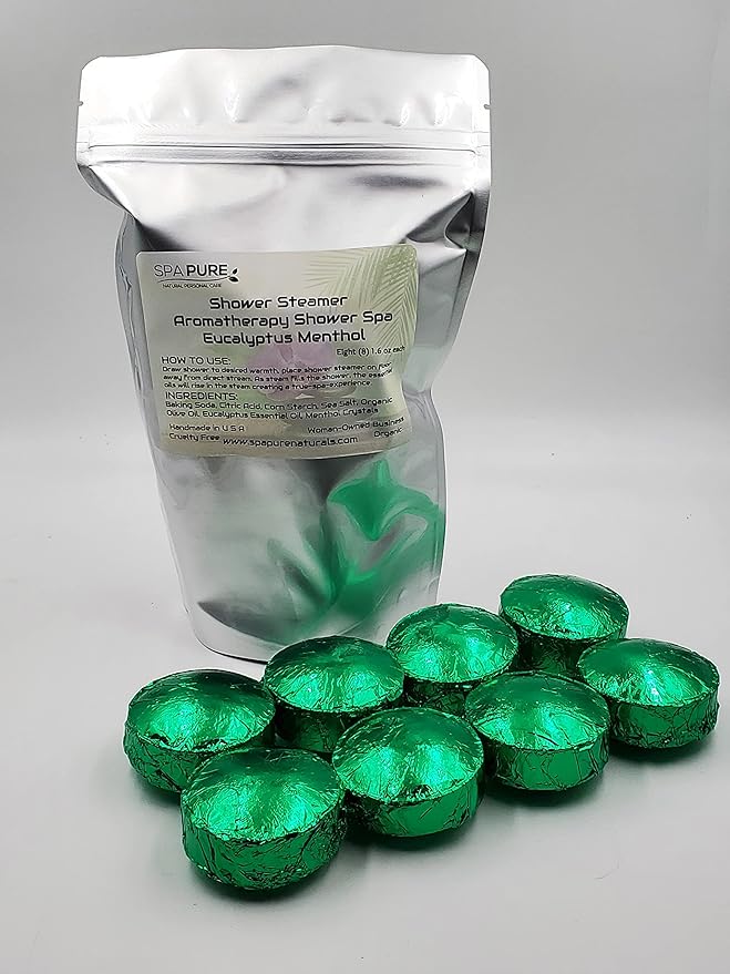 Spa Pure Menthol Aromatherapy Shower: Steamers Tablets Bombs With 100% Natural/Organic Essential Oils - Transform Your Shower - Transform Your Mood (Count of 8) Pack of 1