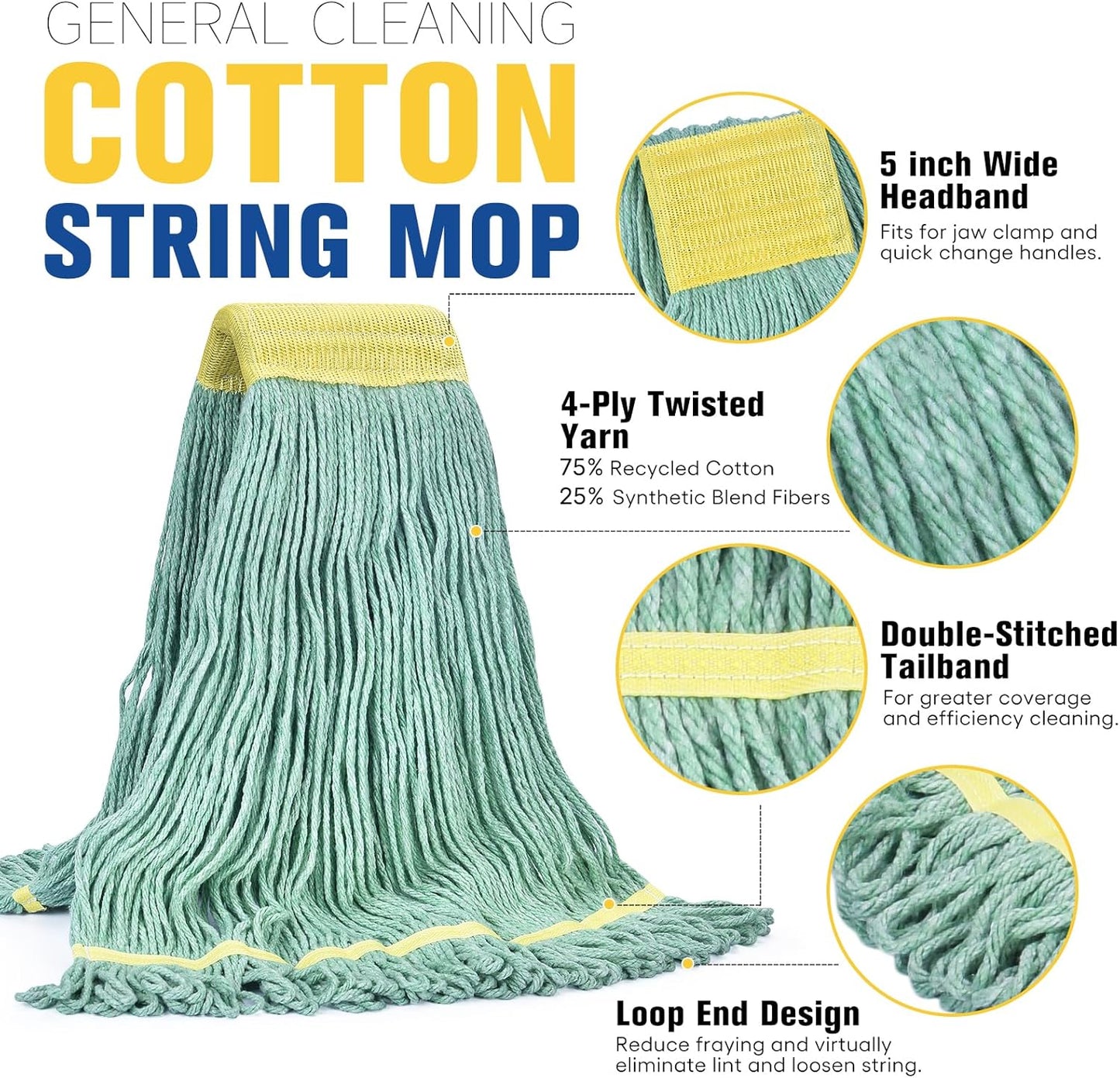 Matthew Cleaning Commercial Mop Head Replacement, 5 Inch Wide Headband, Looped End Cotton Blend String Wet Mops for Floor Cleaning, 24 oz Large, 3-Pack Green