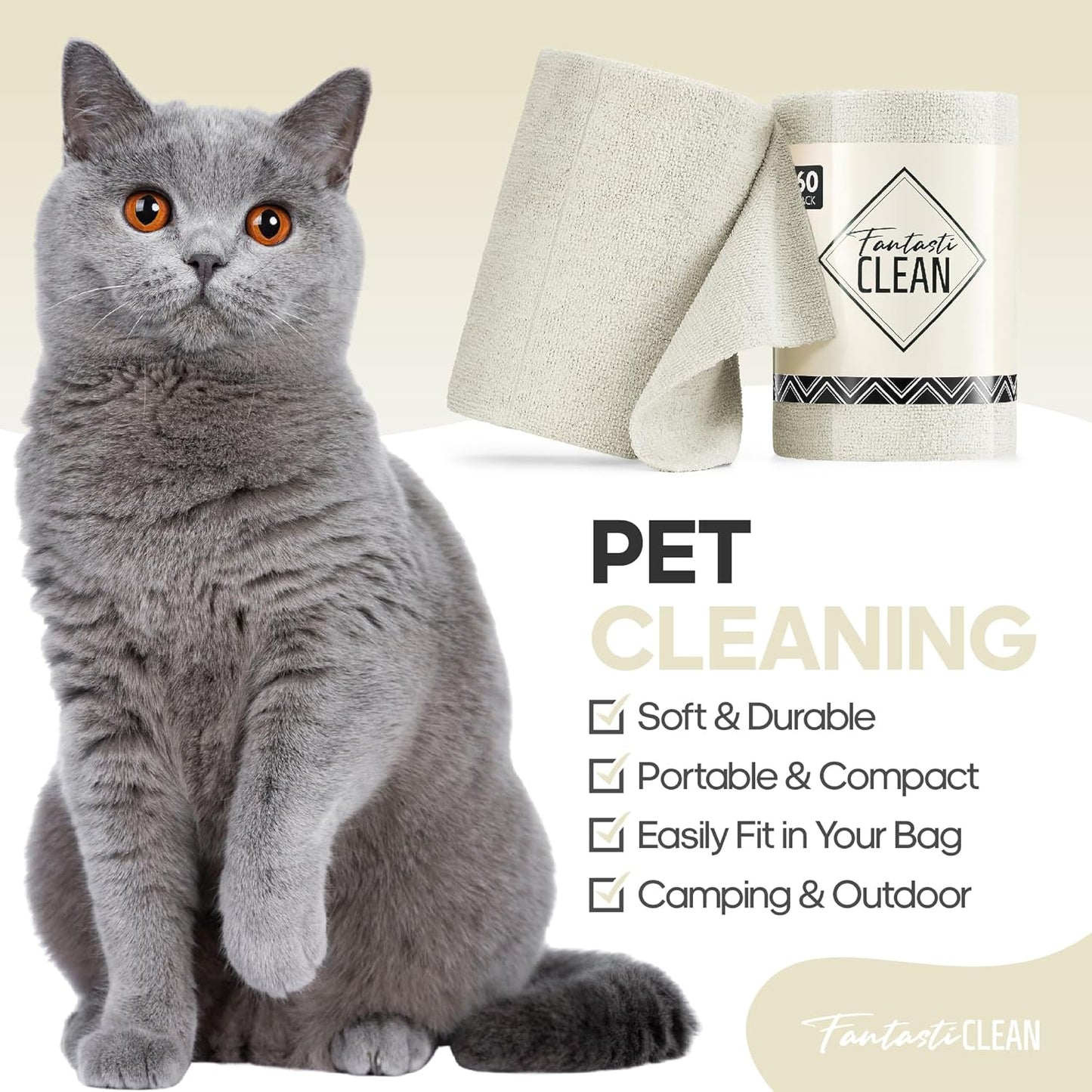 Fantasticlean Microfiber Cleaning Cloth Roll -60 Pack, Tear Away Paperless Towels, 8" x 8", Reusable Washable Rags, for Home Kitchen, Pet, Office, Indoor Outdoor, Compact and Portable (Off-White)