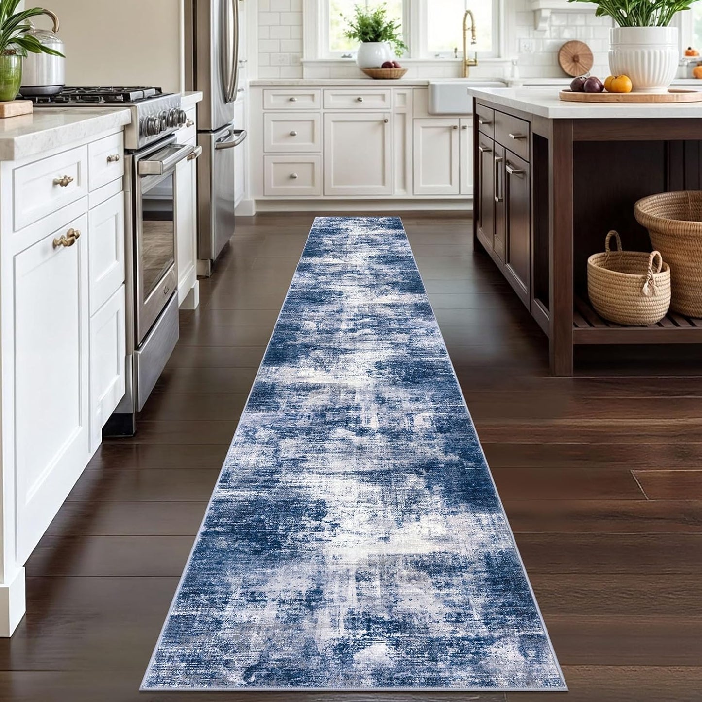 IOHOUZE Abstract Runner Rug 2x12 Ft Washable Runners for Hallways, Non Slip Kitchen Runner Printed Faux Wool Entryway Runner Indoor, Modern Abstract Floor Carpet for Hall Kitchen, Navy/Grey