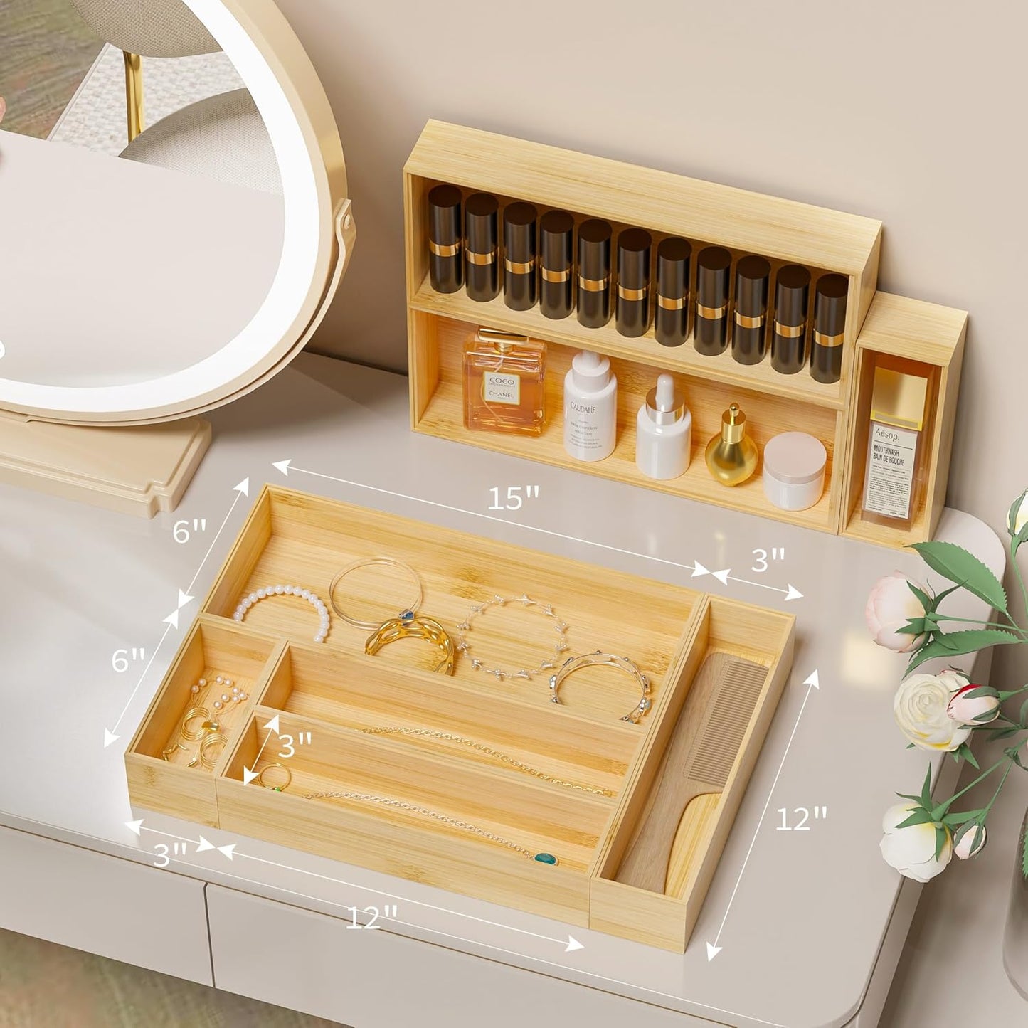 Kitchen Drawer Organizer Bins, Stackable Bamboo Deep Drawer Organizer for Silverware, Utensils, Cutlery, Flatware, Junk Drawer, Dresser, Bathroom, 9" x 3" x 2.5" (Set of 2)