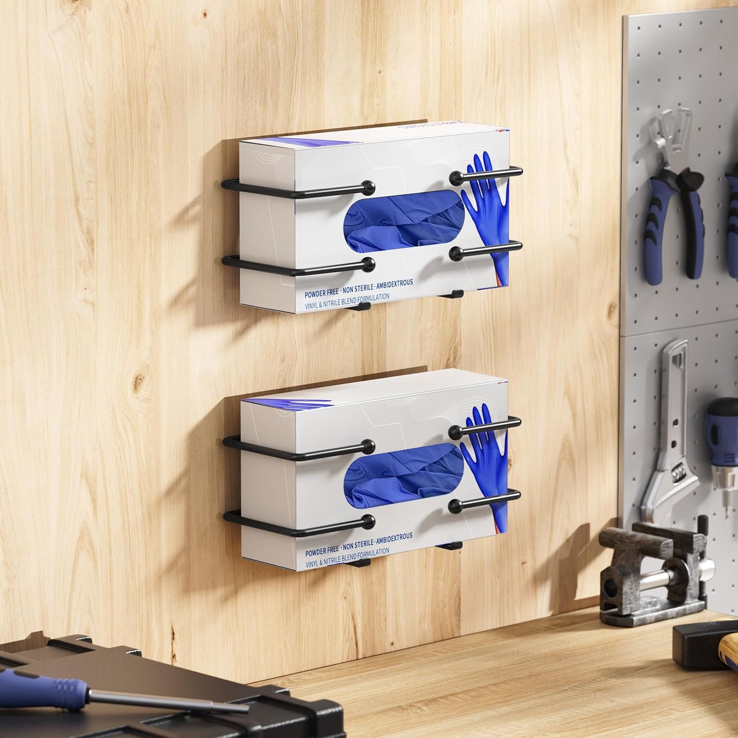 Glove Box Dispenser Wall Mount: Black Glove Holder Organizer for Disposable Glove Box & Tissue Box - Glove Organizer on Wall in Lab, Kitchen, Bathroom, Garage
