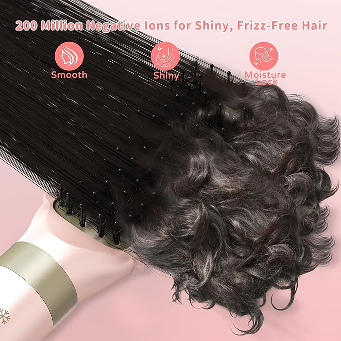 Hair Dryer Brush 8-in-1 Dual Voltage Hot Air Styler – Fast-Drying 110,000 RPM Ionic Blow Dryer with Straightener & Curler Attachments, Frizz-Free Volumizing Styler with Protective Hard Case-Pink