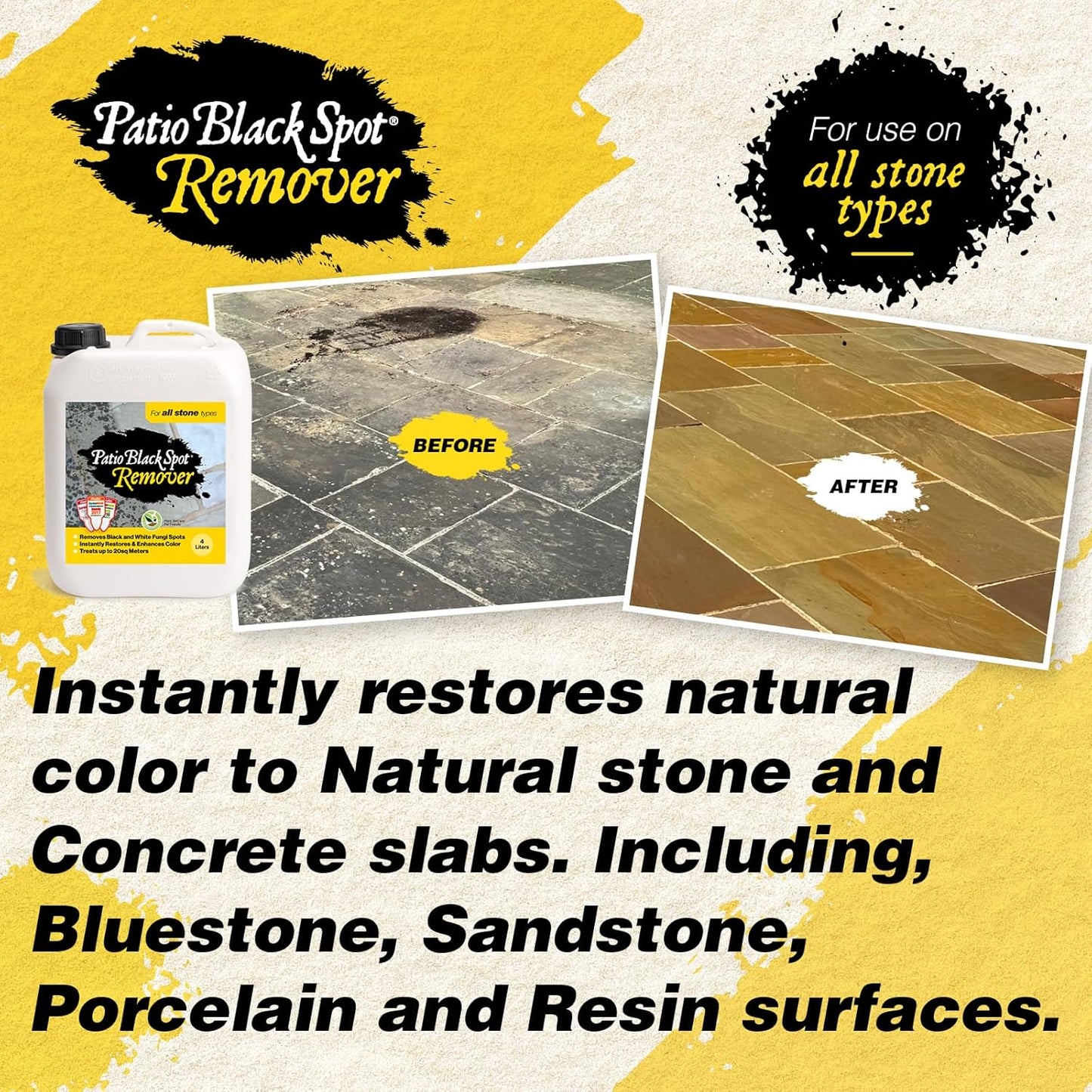 Remover - for All Stone Type - Restore Natural Colour - Removes Staining Caused by Black Lichen, Green Algae and White Fungi - Biodegradable and Acid-Free - 4 L