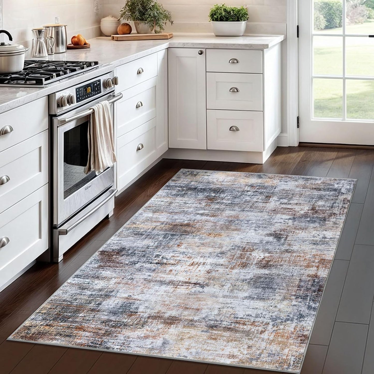 IOHOUZE Abstract Area Rug 4x6 Ft Washable Rugs for Entryway Indoor, Non Slip Small Living Room Rugs Printed Faux Wool Throw Rug, Floor Carpet for Kitchen Nursery Playroom, Orange Grey