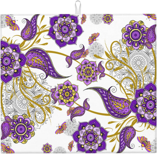 Boho Floral Dish Drying Mat for Kitchen Counter Washable Absorbent Reversible Microfiber Purple Flower Drying Pad Kitchen Accessories 16x18 Inch