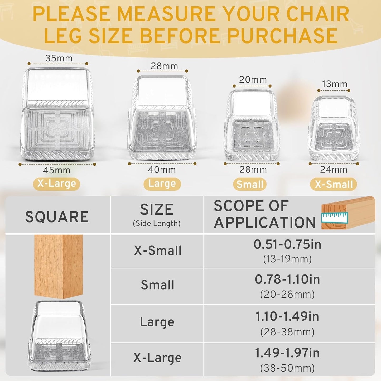 24PCS Extra Small Chair Leg Floor Protectors, Furniture Sliders, Chair Leg Protectors for Hardwood Floors, Non-Slip Felt Furniture Pads, Square Silicone Cap Covers to Protect Floors(Fit 0.5" - 0.75")