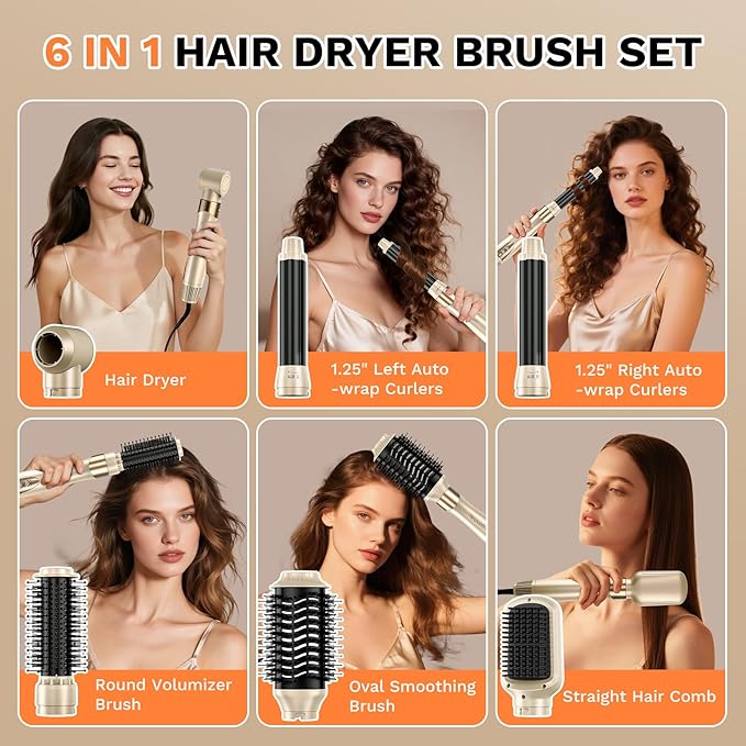 6 in 1 Hot Air Wrap Hair Styler, 110,000 RPM High-Speed Hair Dryer & Auto Wrap Curler, No Heat Damage Blow Dryer Brush for Fast Drying, Curling, Volumizing, Straightening with Travel Bag