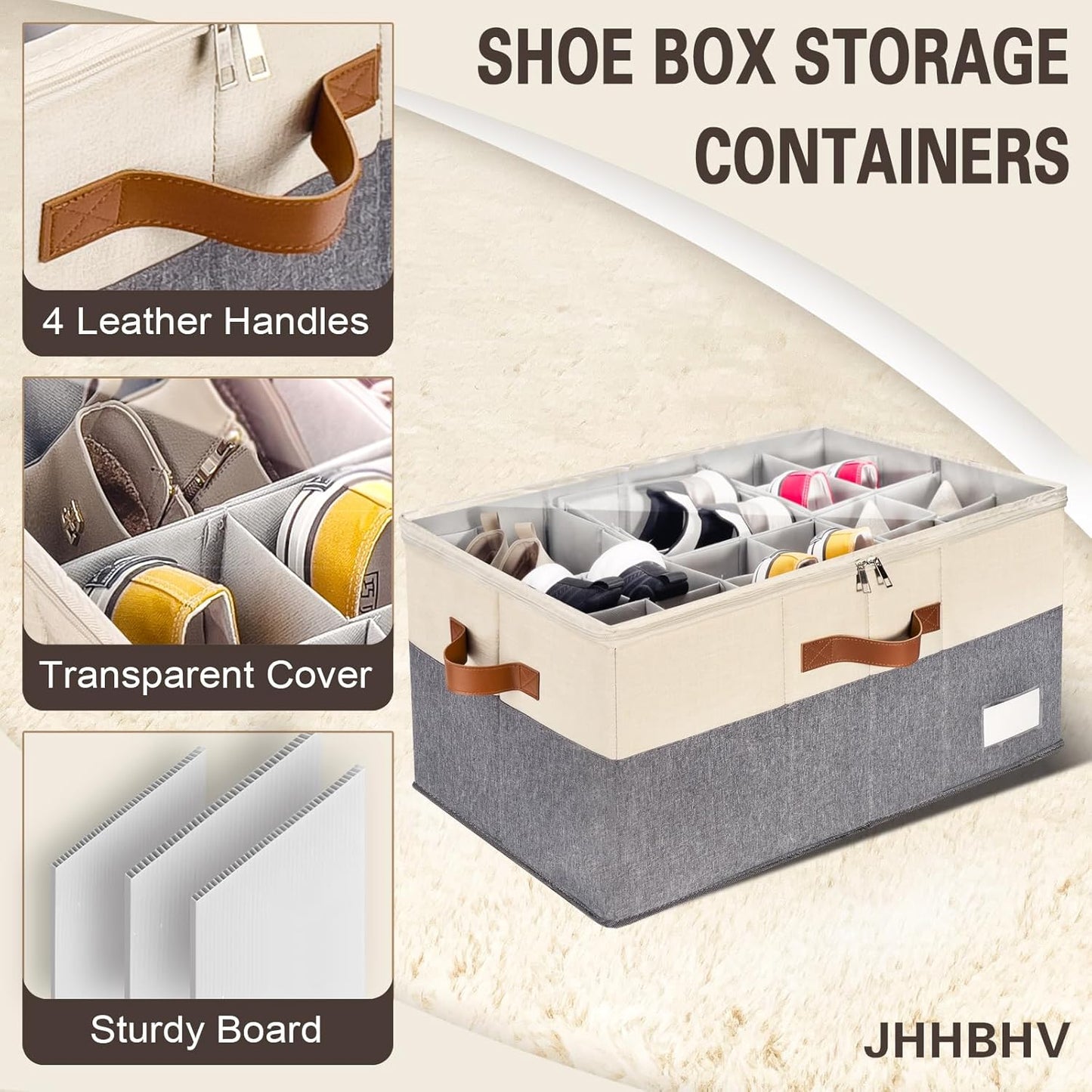 1 Pack Shoe Organizer for Closet, Adjustable Shoe Box Storage Containers, Large Foldable Shoe Bins with Clear Cover, Space Saving Shoes Holder with 4 Handles, Fits 12-24 Pairs, Beige