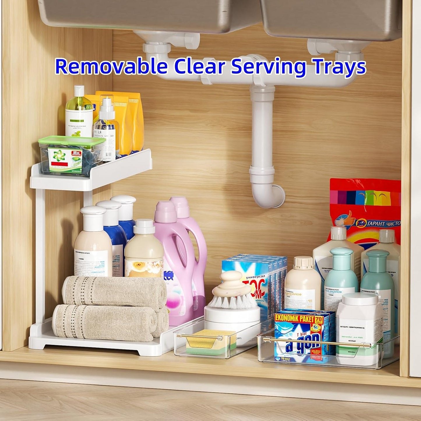 heart & home 2-Pack Under Sink Storage Organizer for Kitchen & Bathroom Cabinets with Removable Washable Tray, Tool-Free Assembly – Multi-Purpose for Countertop, Laundry & Vanity, White