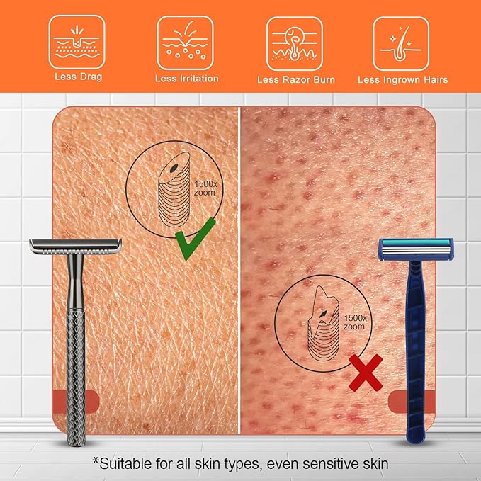 Gun Black Safety Razor - Single Blade Razors for Men - Reusable Metal Razor, with 5 Stainless Steel Double Edge Blades, Smooth Close Shave, Sustainable, Plastic Free