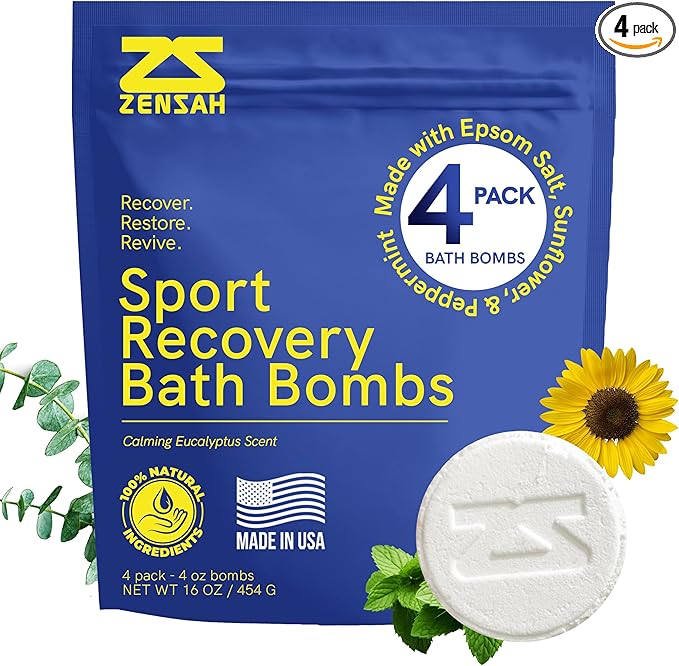 Zensah Sport Recovery Bath Bombs - Magnesium Epsom Salt for Soaking Sore Muscles, Birthday Gifts, Made in USA with Essential Oils, Peppermint and Eucalyptus Relaxation for Athletes, Men and Women