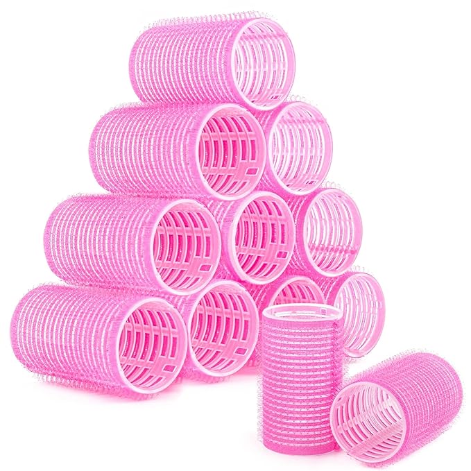 AUEAR, 12 Pack Hair Curlers Rollers Self Grip for Short Women Hairstyle Rose Red