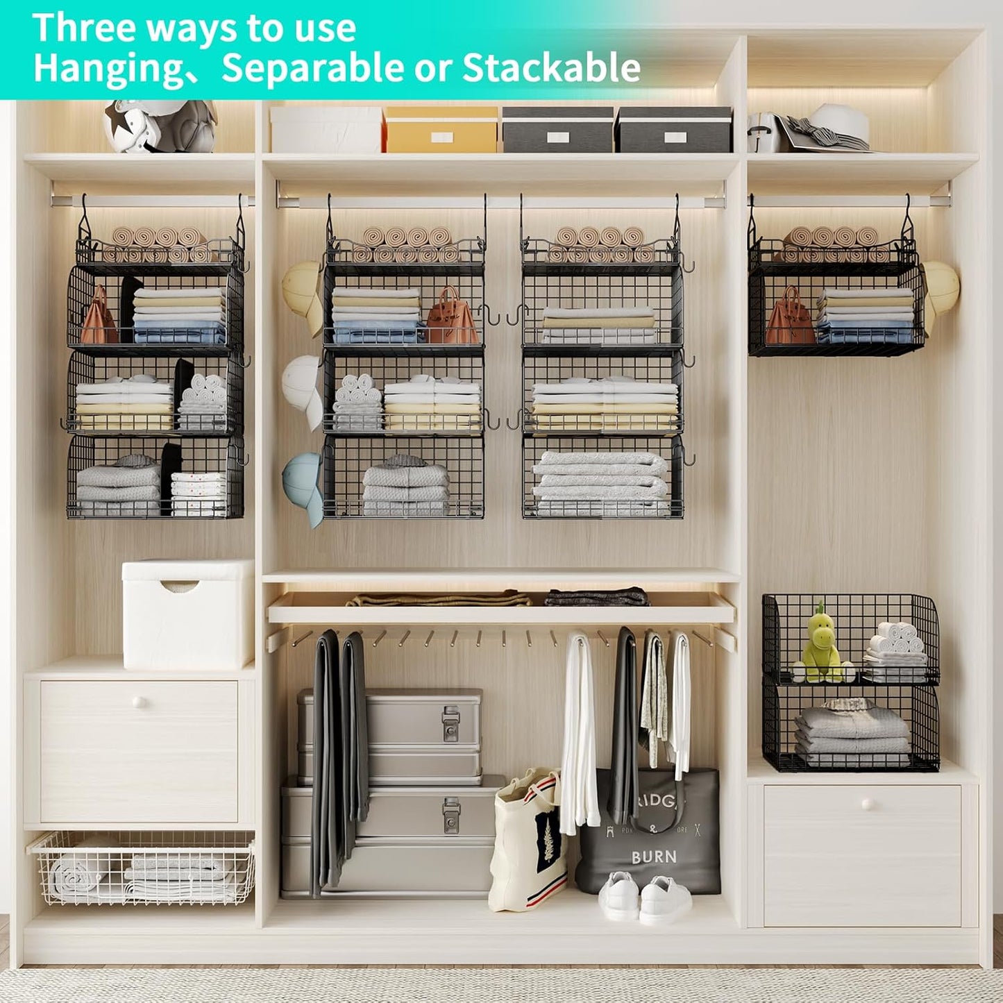 HapiRm Hanging Closet Organizer Storage - 4 Tier Metal Stackable Hanging Closet Shelves with Dividers and S Hooks, Foldable Clothes Shelves for Clothes, Pants, Shoes, Coat, Hats Clutches Accessories