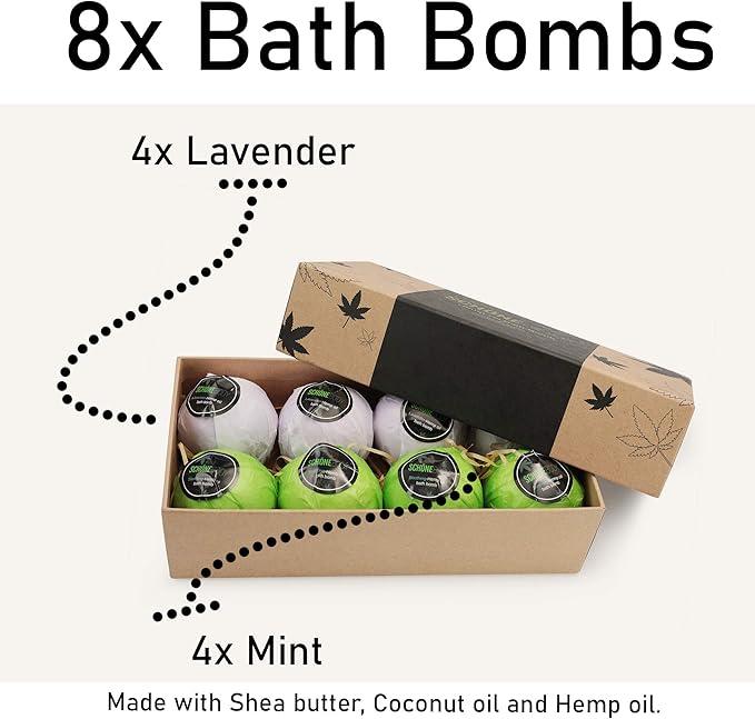 Hemp Bath Bombs, Large Set of 8. Mint, Lavender & Hemp Scents. Vegan, Muscle Therapy, Relaxing & Soothing