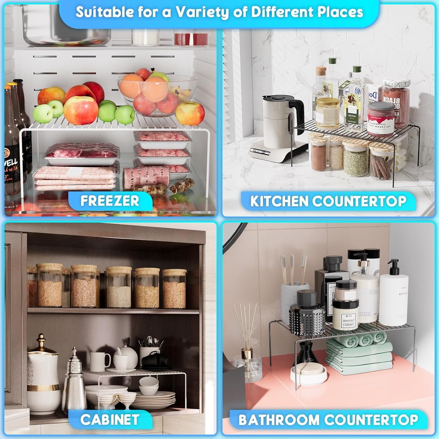 Medium(13 x 9.4 inch)Black Cabinet Storage Shelf Rack Set of 2, Rustproof Metal Wire Kitchen Counter Organizers and Storage, Spice Organization for Cabinet, Plate, Dish, Pantry, Bathroom, Fridge