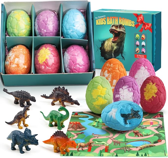 Bath Bombs for Kids with Surprise Inside, 6 Pack Dinosaur Toys Halloween Toddler Bath Bombs Gift, Organic Bubble Bath Fizzies, Dinosaur Egg, Stocking Stuffers for Kids, Christmas Gifts for Kid 3-12