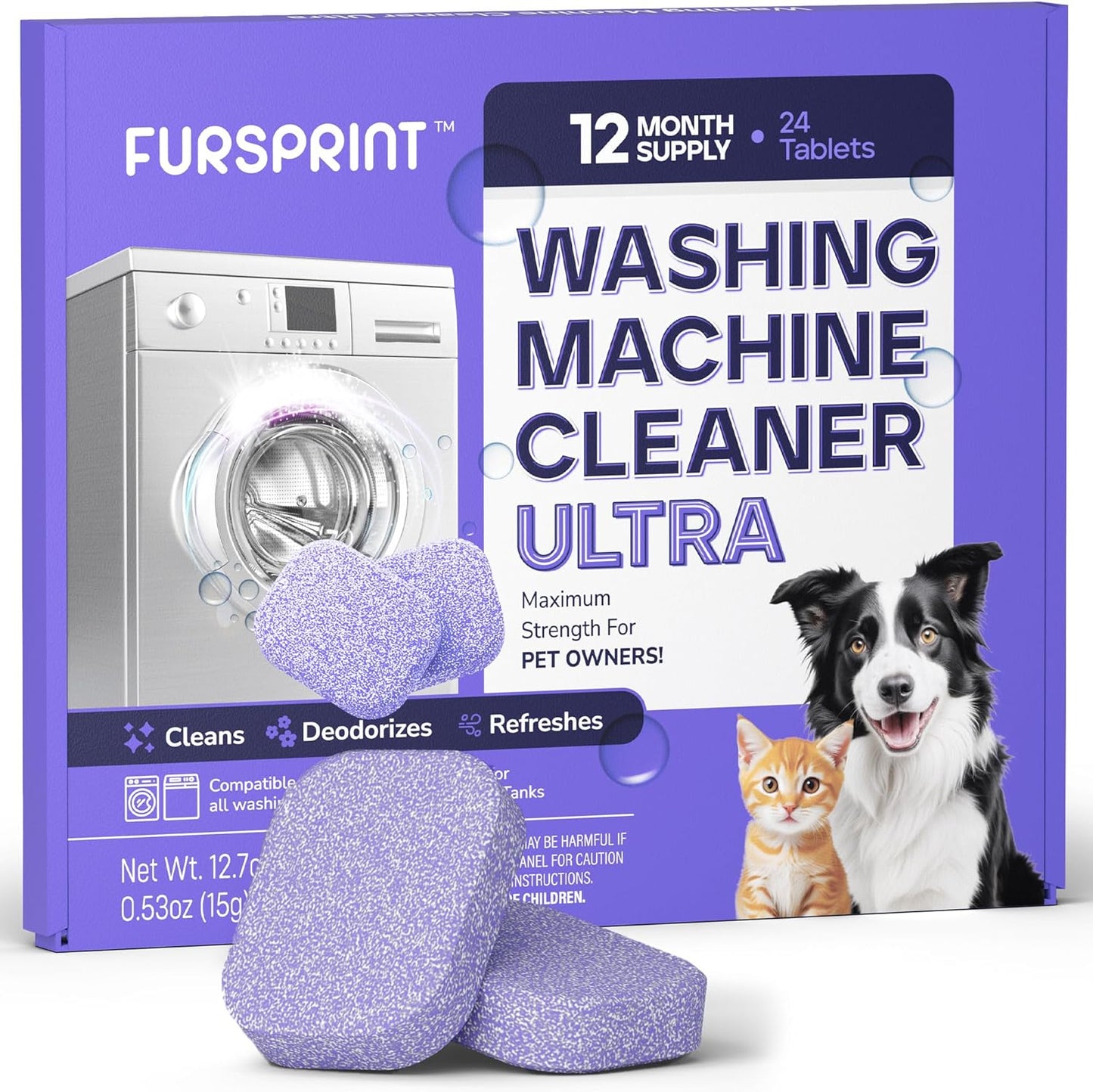 Washing Machine Cleaner Tablets Ultra – 40% Stronger Formula: Designed for Pet Owners, Removes Residue, Grime & Odors, Compatible with HE, Top & Front Load, 24 Pack – 12 Month Supply