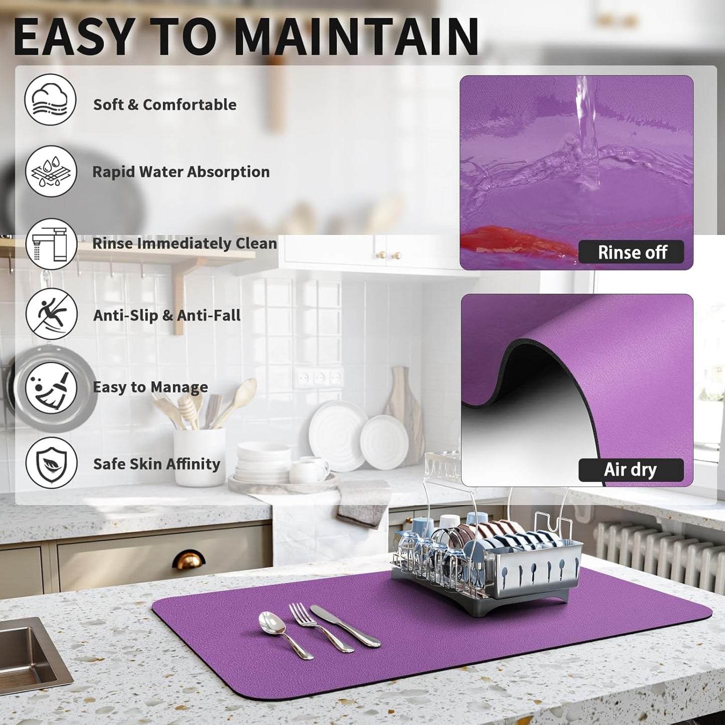 Dish Drying Mat for Kitchen Counter, Heat Resistant Drainer Mats with Non-slip Rubber Backed, Hide Stain Kitchen Super Absorbent Draining Mat, Easy to Clean Dish Rack Pad, Purple 16"x18"