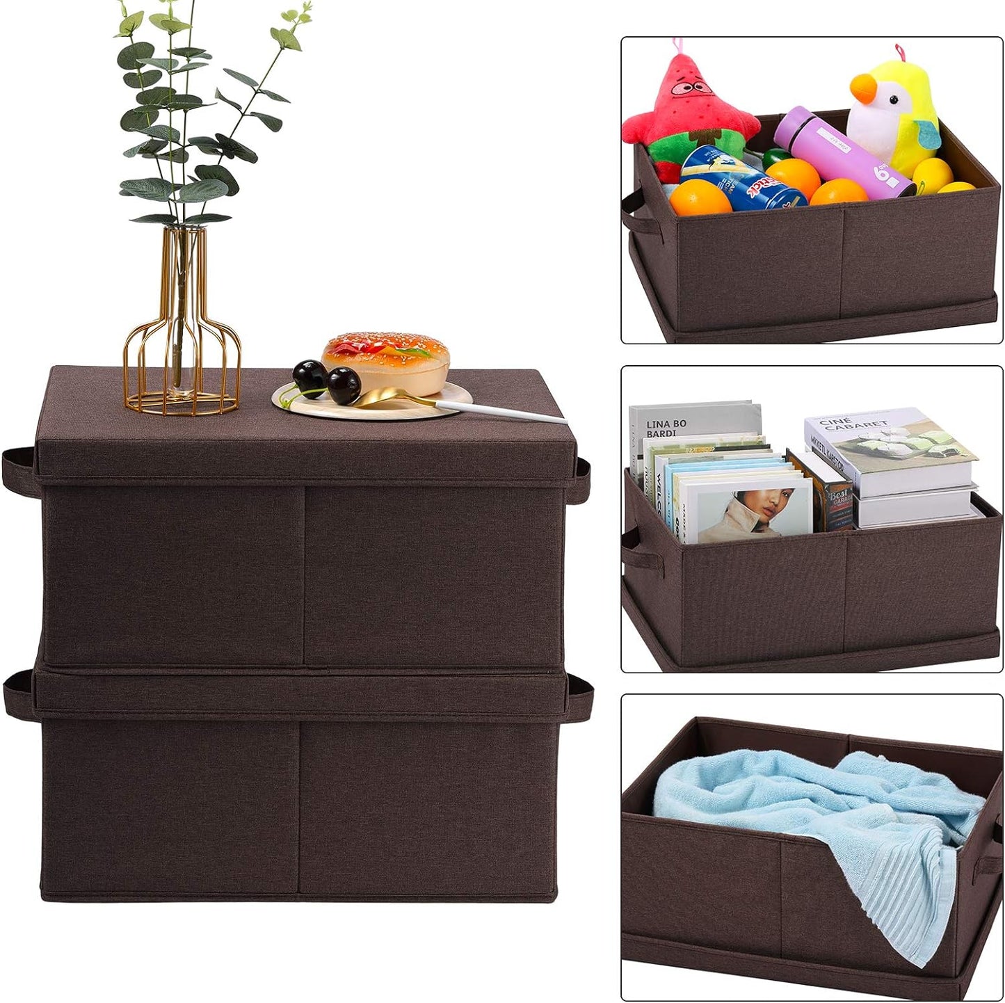 HOONEX Linen Foldable Storage Bins with Lids, 2 Pack, Storage Boxes with Carrying Handles and Sturdy Heavy Cardboard, 16.5" L x 11.8" W x 7.5" H for Shoes, Clothes, Brown